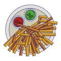 Frech fries and sauces on dish food blue lines