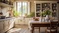 Frechn Country home interior kitchen, rural regions of France,light colors, rustic furniture, Toile-de-Jouy items