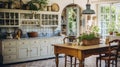 Frechn Country home interior kitchen, rural regions of France,light colors, rustic furniture, Toile-de-Jouy items