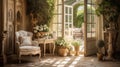 Frechn Country home interior vestibule, rural regions of France,light colors, rustic furniture, Toile-de-Jouy items