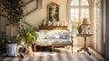 Frechn Country home interior vestibule, rural regions of France,light colors, rustic furniture, Toile-de-Jouy items