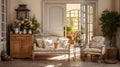 Frechn Country home interior vestibule, rural regions of France,light colors, rustic furniture, Toile-de-Jouy items