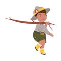 Freckled Boy as Junior Scout Carrying Wooden Stick Vector Illustration