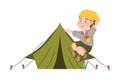 Freckled Boy Junior Scout Jumping with Joy Near Tent Vector Illustration