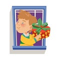 Freckled Boy in the Window Holding Wrapped Gift Box with Ribbon Bow Vector Illustration