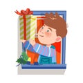 Freckled Boy in the Window Holding Wrapped Gift Box with Ribbon Bow Vector Illustration