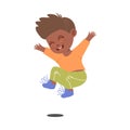 Freckled Dark Haired Boy Jumping with Joy and Excitement Vector Illustration