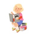 Freckled Girl Character Sitting on Pile of Books and Reading Vector Illustration Royalty Free Stock Photo