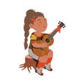 Freckled Girl Junior Scout Sitting on Stub and Playing Guitar Vector Illustration