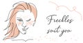 Freckled girl one line art face portrait. Red headed beautiful woman winks. Freckles suits you text. Simple vector