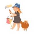 Freckled Girl with Paint Bucket and Roller Coloring Wall Vector Illustration