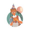 Freckled Man Office Worker in Birthday Hat Accepting Congratulation Circle Vector Composition