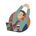 Freckled Man Office Worker with Laptop and Coffee at Workspace Stretching Circle Vector Composition