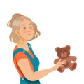 Freckled Woman with Ponytail Holding Teddy Bear Vector Illustration