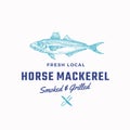 Fredh Local Horse Mackerel Smoked and Grilled. Abstract Vector Sign, Symbol or Logo Template. Hand Drawn Fish with Royalty Free Stock Photo