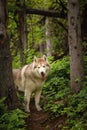 Free and beautiful dog breed siberian husky standing in the green forest Royalty Free Stock Photo