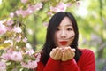 Free careless causual beauty girl with flowers in spring park enjoy free time Royalty Free Stock Photo