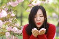 Free careless causual beauty girl with flowers in spring park enjoy free time Royalty Free Stock Photo