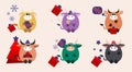 Set of Christmas icons with bull for New Years sale of goods.