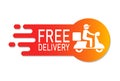 Free delivery advertisement label with delivery man riding motorcycle icon, Special offer promotion price tag, Vector illustration