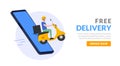 Free delivery boy phone service. Delivery man food or pizza motorcycle service, online order courier