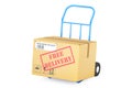 Free delivery concept. Cardboard box on hand truck, 3D rendering Royalty Free Stock Photo