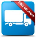 Free delivery cyan blue square button red ribbon in corner Royalty Free Stock Photo