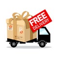Free Delivery Design with Parcel on Van Car - Cargo Tranportation Symbol