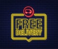 Free delivery. Neon icon. Badge with truck. Vector stock illustrtaion. Royalty Free Stock Photo