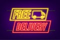 Free delivery. Neon icon. Badge with truck. Vector stock illustrtaion Royalty Free Stock Photo
