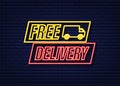 Free delivery. Neon icon. Badge with truck. Vector stock illustrtaion. Royalty Free Stock Photo