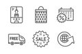 Free delivery, Shopping bag and Calendar discounts icons set. Crane claw machine, Sale and World globe signs. Vector