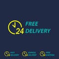 Free delivery symbol with 24 hours clock. Fast delivery, express delivery or free shipping labels. Vector delivery background. Royalty Free Stock Photo