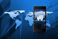 Free delivery truck icon on modern smart phone screen over map a Royalty Free Stock Photo