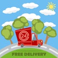 Free delivery van truck with 24 hour vinyl logo. Vector. Royalty Free Stock Photo