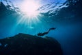 Free diver girl in pink swimwear with fins swimming underwater at wreck ship. Freediving in the ocean Royalty Free Stock Photo