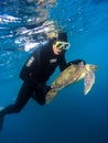 Free diver from Projeto TAMAR capturing sea turtle