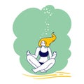 Free Diving Activity. Relaxed Girl Meditating on Lotus Posture on Ocean Bottom. Woman Freediver Relax on Exotic Resort