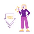 Free Download Concept. Woman Holding Music Icon in Hand. Stream or Upload Torrent Data from Servers, Online Media