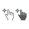 Free drag line and glyph icon, gesture and hand, swipe sign, vector graphics, a linear pattern on a white background.