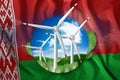 Free energy, windmills against the background of nature and the flag of Belarus. The concept of clean energy, renewable energy
