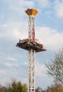 Free fall tower in amusement park. Extreme attraction