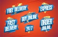 Free and fast delivery, express, buy online, order online, 24/7 - vector symbols or stickers Royalty Free Stock Photo