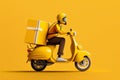 Free fast delivery service by scooter on yellow background. Courier delivers food order. A man delivers a parcel around town.