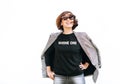 Free feeling happy smiling woman posing in black sweatshirt with Royalty Free Stock Photo