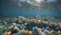 Free-floating industrial plastic waste in the ocean and on beaches, massively polluting coastal regions and waters