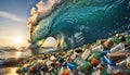 Free-floating industrial plastic waste in the ocean and on beaches, massively polluting coastal regions and waters