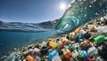 Free-floating industrial plastic waste in the ocean and on beaches, massively polluting coastal regions and waters