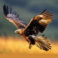 Free flying eagle predatory bird hunting in the safari, East Africa