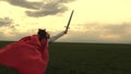 Free girl in a red cloak runs with swords in his hand across field playing medieval knight. young girl playing super Royalty Free Stock Photo